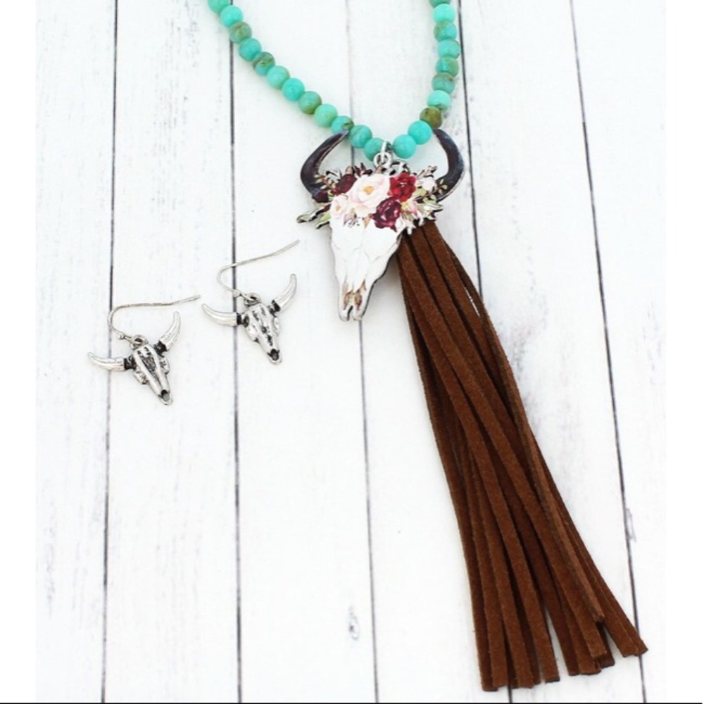 Flower Steer CowHead Tassle Turquoise Necklace Set